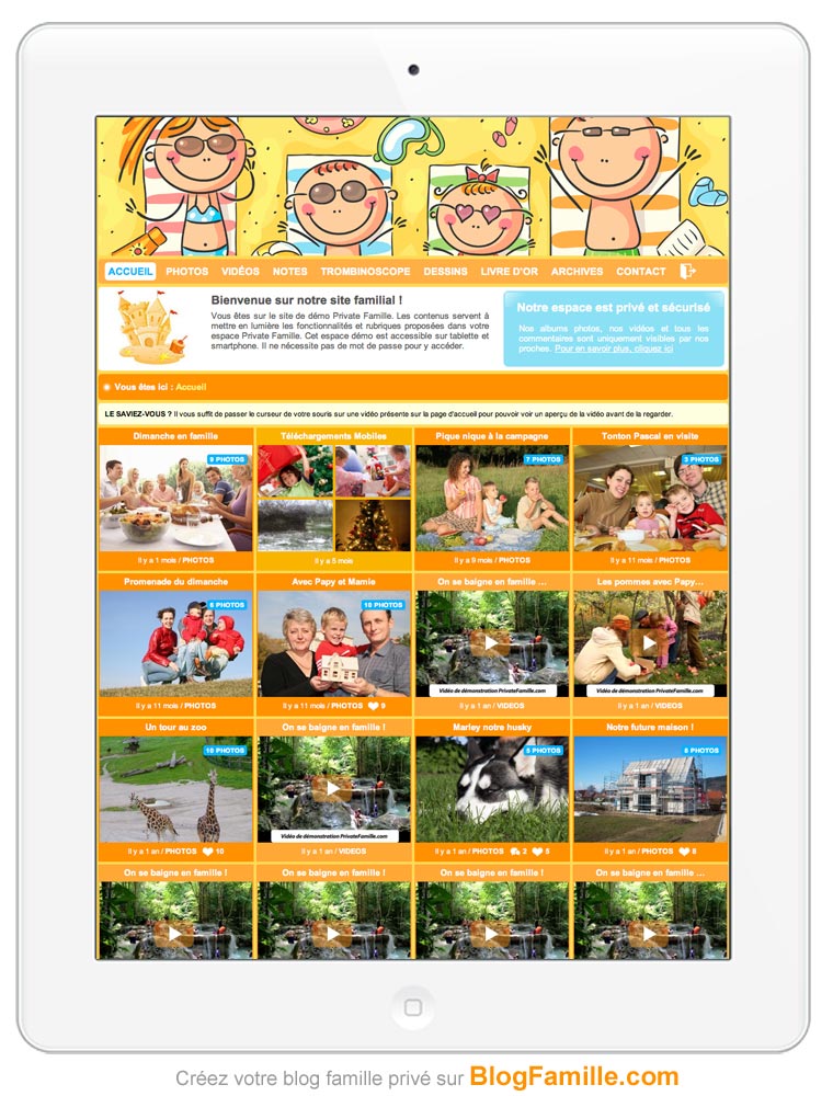 Exemple d'un blog famille privé sur tablette